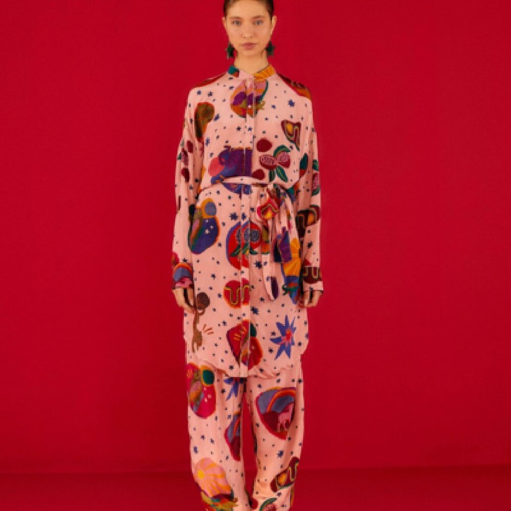 Farm Rio Light Pink Dream Collage Pants In Dream Collage Light Pink